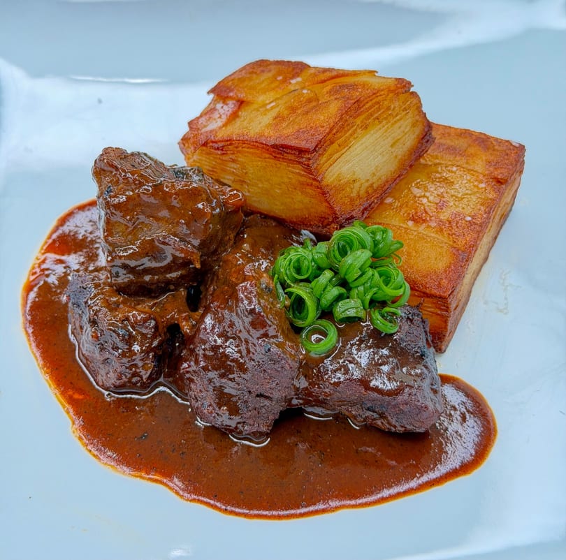 Braised short ribs in a rich sauce, topped with green onions, served with two crispy potato blocks.